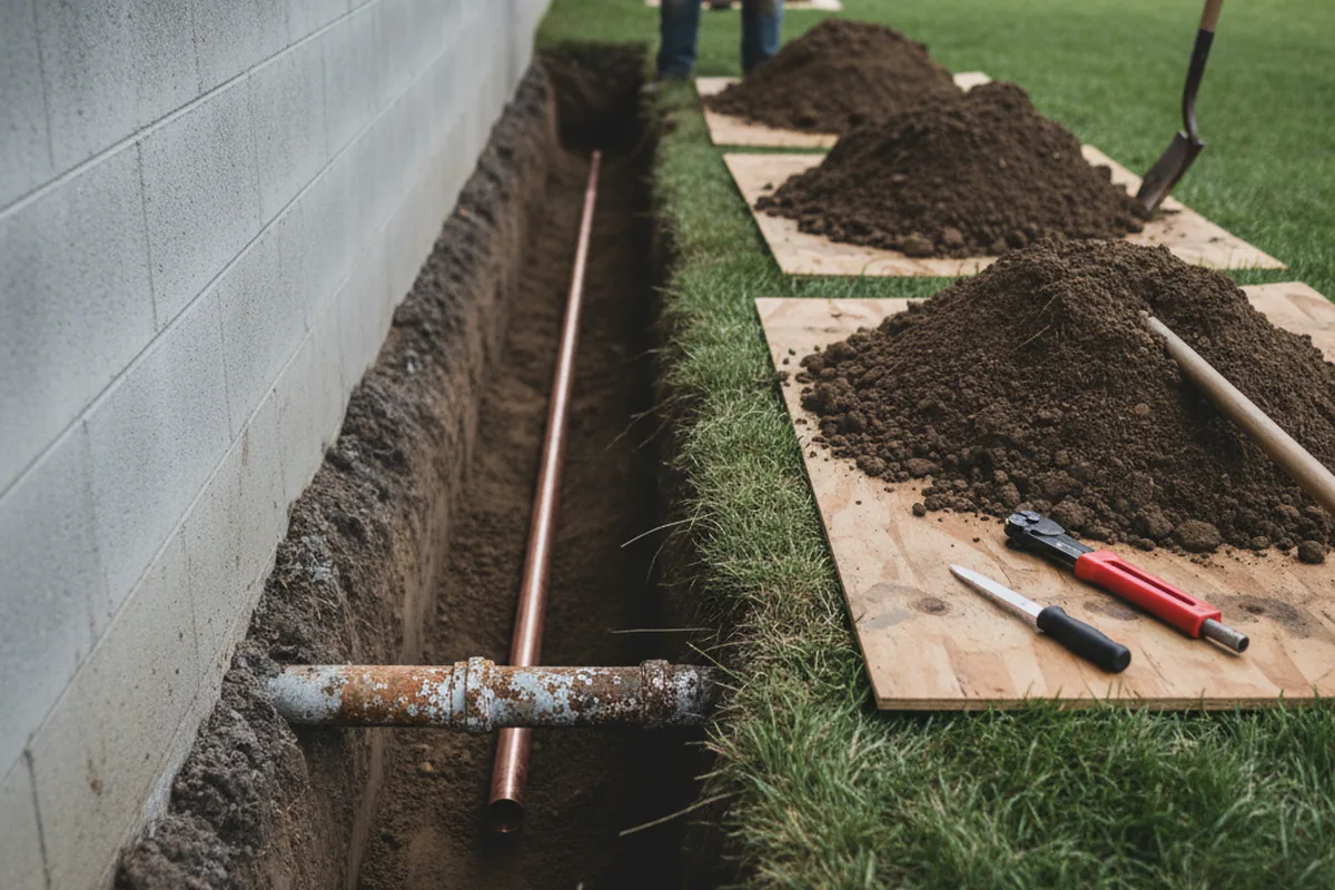Excavated water line trench during Sewer Line Repair in Eaton